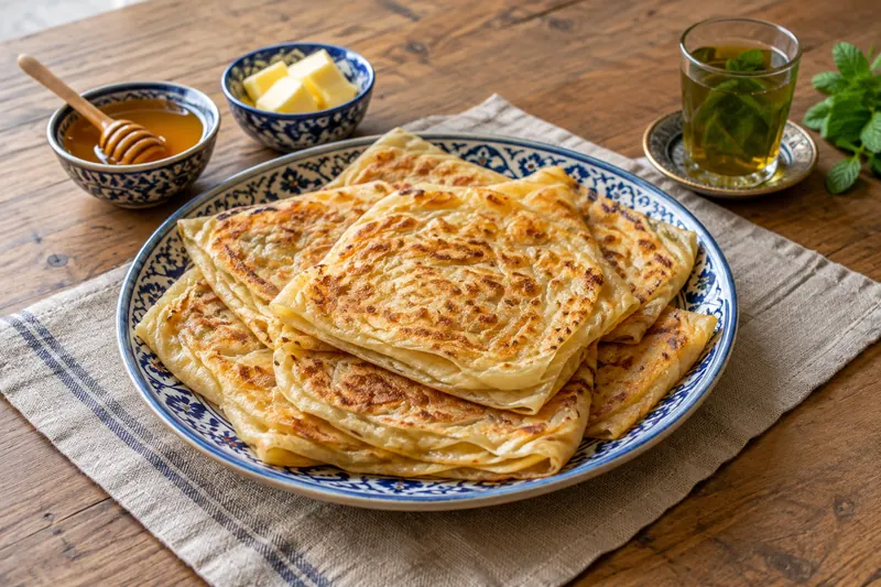Square layered golden flatbreads stacked on a plate with honey and a glass of mint tea