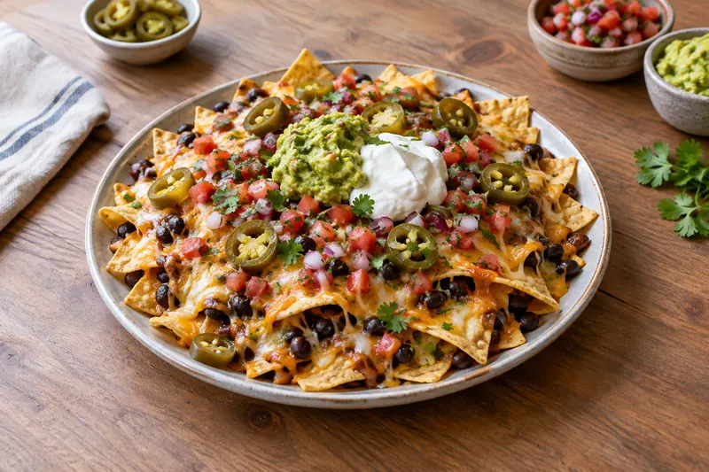 A tray of tortilla chips covered in melted cheese, beans, tomato salsa, jalapeños and mashed avocado