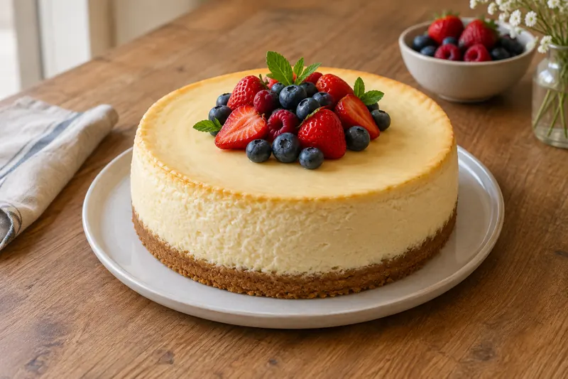 A tall slice of dense, creamy pale cheesecake on a golden biscuit base