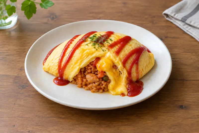 An oval omelette over ketchup fried rice, sliced open so soft egg spills over, with a zigzag of ketchup