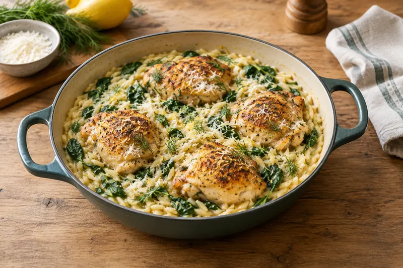 A deep pan of creamy orzo with wilted spinach and chopped dill, golden browned chicken thighs nestled on top and grated Parmesan scattered over.
