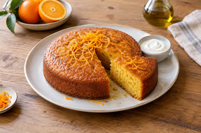 A golden round cake glazed with orange syrup, a slice cut out