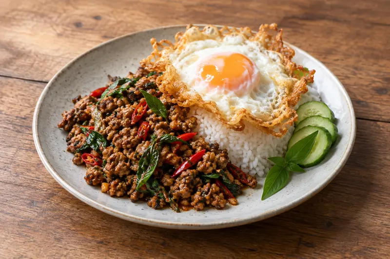 Minced pork with holy basil and chilli over steamed rice, topped with a fried egg with crisp brown lacy edges