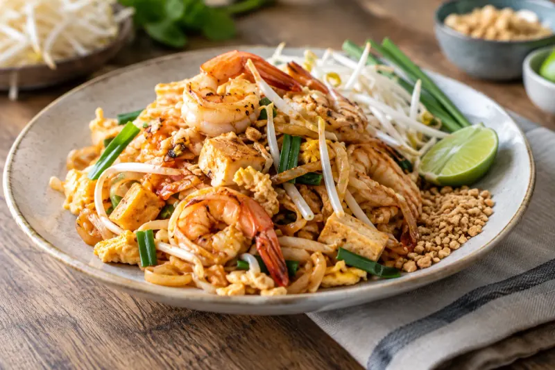 Pad thai with prawns, bean sprouts, crushed peanuts and a lime wedge on a plate