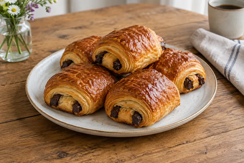 Rectangular flaky golden pastries cut to show two strips of dark chocolate inside