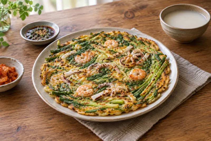 A large crisp pancake with whole spring onions and seafood, cut into squares with dipping sauce