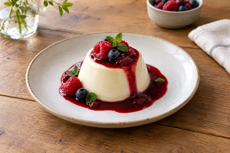 A trembling white panna cotta turned out on a plate with raspberry coulis