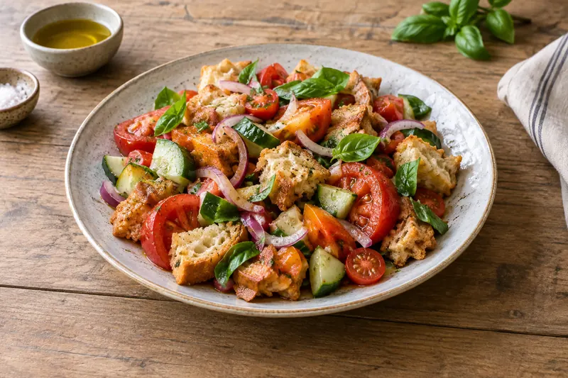 A bowl of torn bread soaked red with tomato juice, with tomatoes, cucumber, red onion and basil