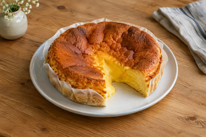 A tall golden sponge cake baked in paper, cut to show a soft, slightly molten centre