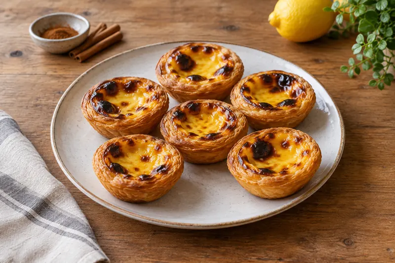 Twelve small custard tarts in a tray, their tops blistered dark brown over pale yellow custard in flaky pastry cases