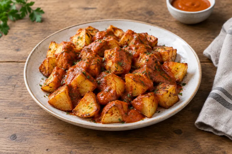 Cubes of crisp fried potato in a dish under a rust-red brava sauce