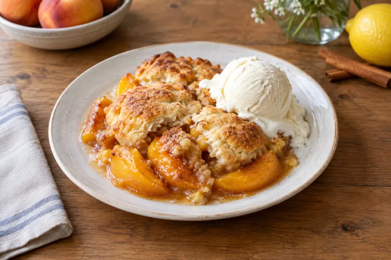 A baking dish of bubbling peaches under golden sugared biscuit topping with a scoop of ice cream