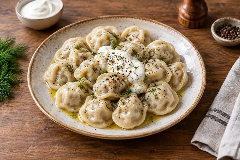 A deep bowl of boiled pelmeni glistening with melted butter, topped with a spoonful of soured cream, cracked black pepper and dill