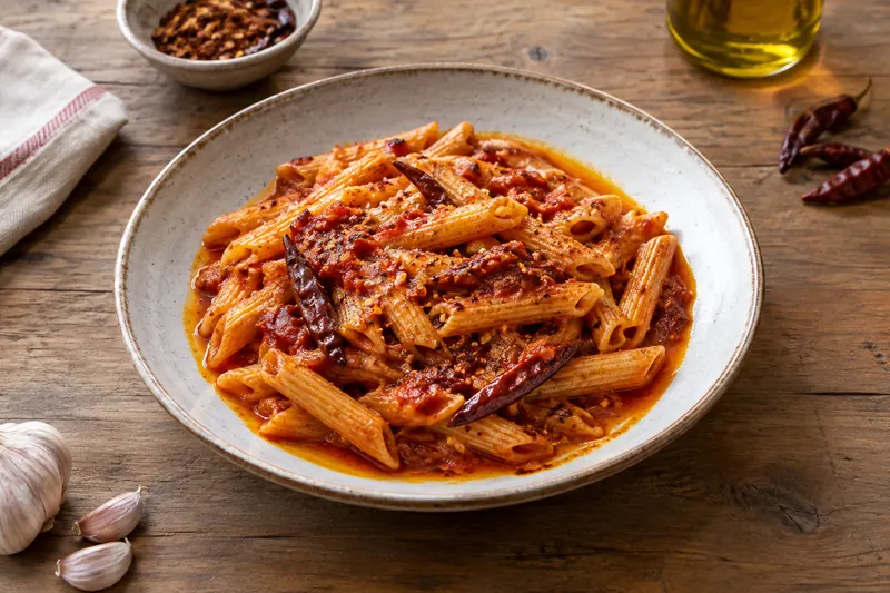 A bowl of penne rigate in a thick red tomato sauce flecked with chilli and chopped parsley
