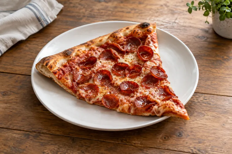A large thin-crust pizza with melted mozzarella and crisp curled pepperoni, one slice folded