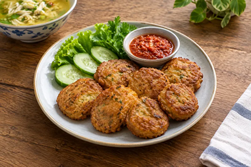 Golden round potato patties with a lacy egg coating, with a bowl of sambal