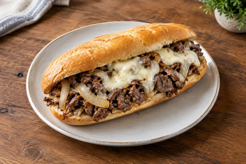 A long roll split open and packed with chopped griddled beef and onions under melted provolone, cut in half on a board