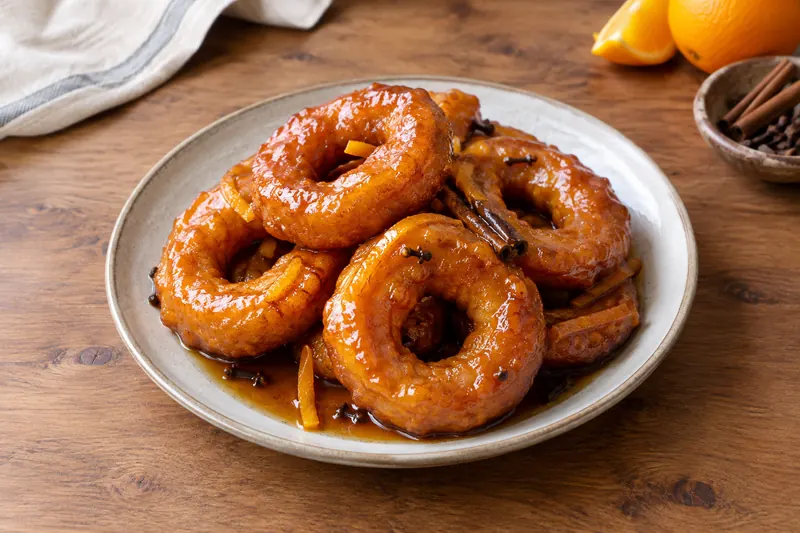 Golden irregular ring doughnuts drizzled with dark spiced syrup on a plate