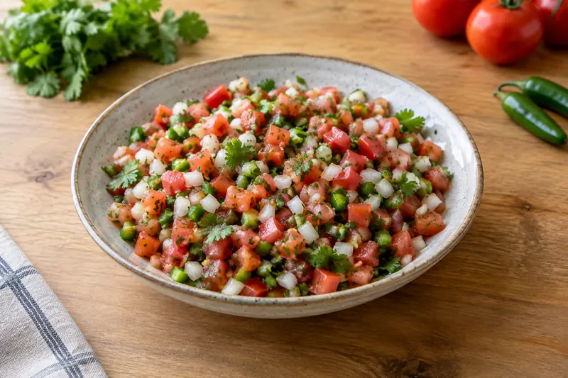 A bowl of chunky pico de gallo with diced tomato, white onion, coriander and lime