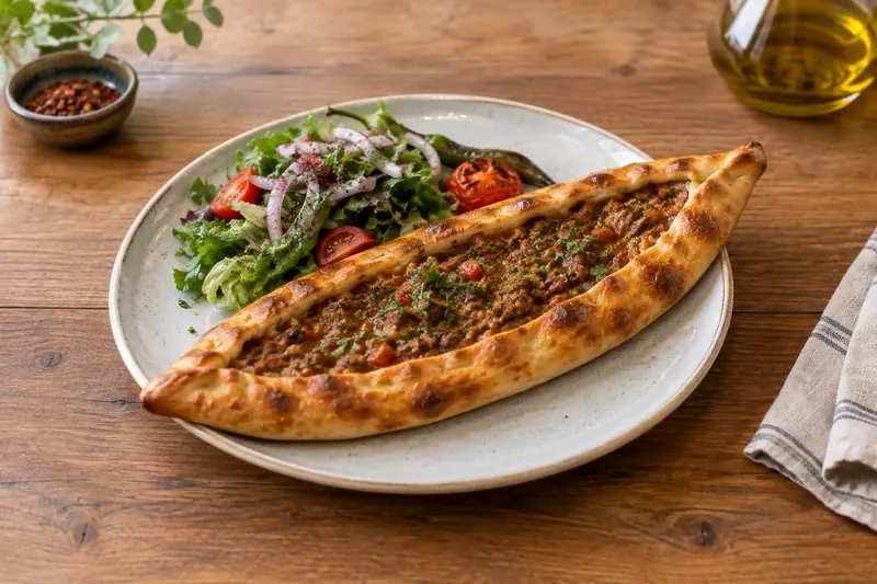 Two boat-shaped Turkish pide filled with minced lamb