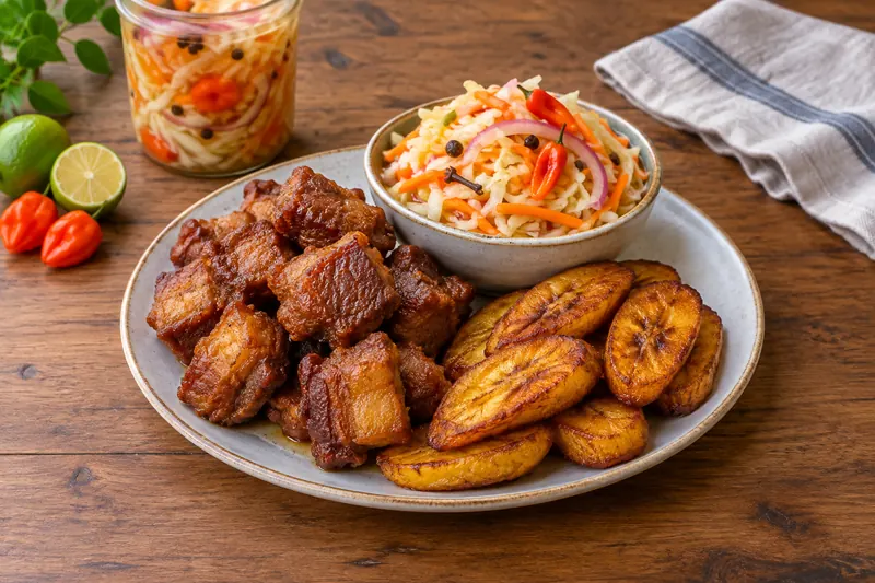 A glass jar packed with shredded cabbage, carrot and sliced scotch bonnet peppers in vinegar