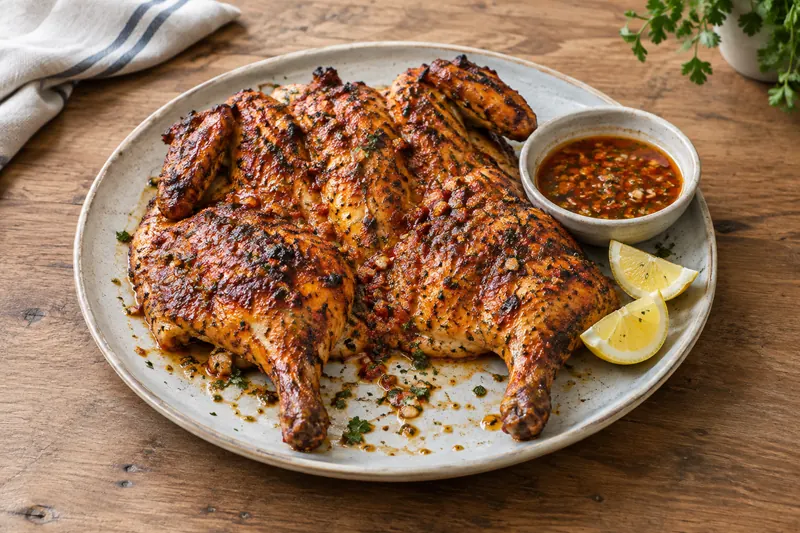 A flattened roast chicken with deep red blistered skin on a board, scattered with lemon wedges and a bowl of chilli baste beside it