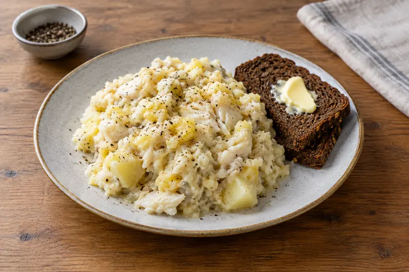 A bowl of creamy flaked fish and potato mash with chives, beside dark rye bread and butter