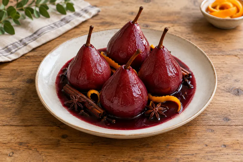 Whole poached pears stained deep ruby red, stalks on, standing in a shallow dish of glossy red wine syrup.