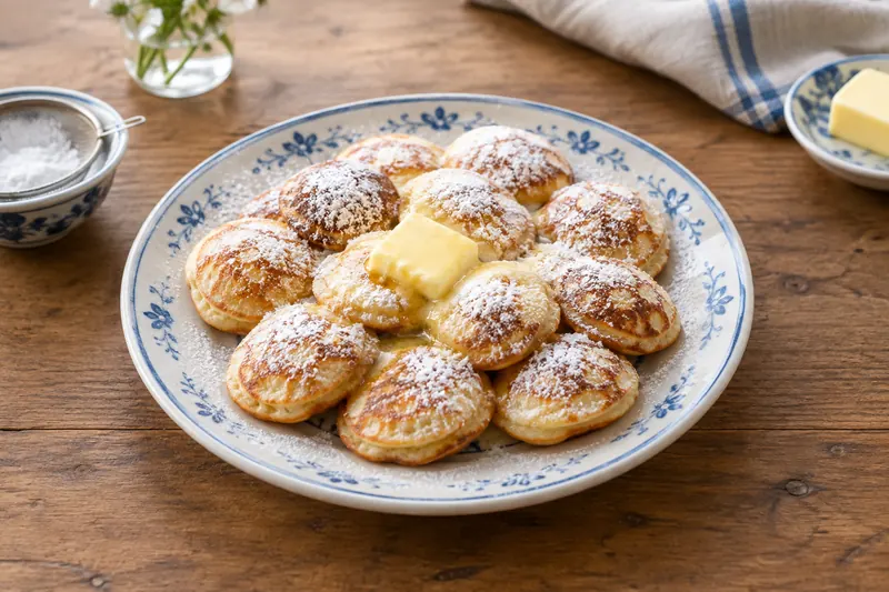 A plate of small puffed poffertjes dusted with icing sugar and topped with a melting knob of butter