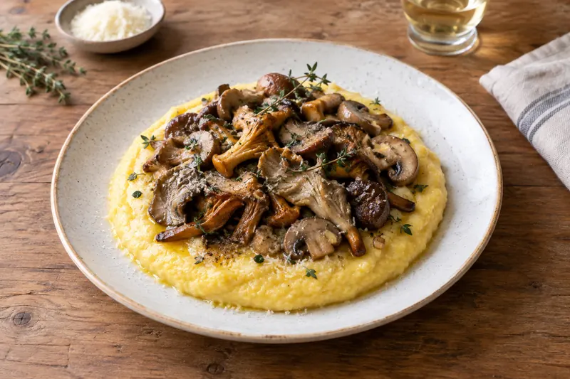 Creamy yellow polenta topped with glossy sautéed mixed mushrooms and grated Parmesan