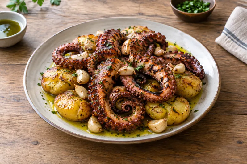 Roasted octopus tentacles with smashed potatoes, whole garlic cloves and olive oil