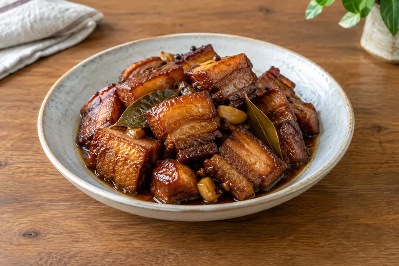 Glazed dark pork belly adobo in a pan with garlic cloves, bay leaves and steamed rice