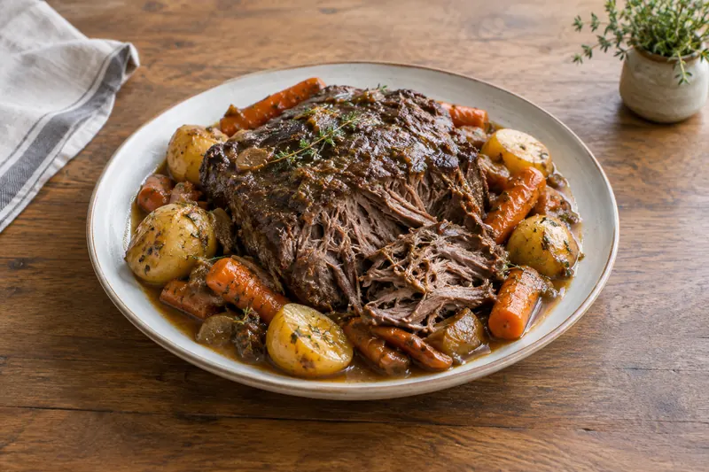 A braised beef chuck roast in a Dutch oven with carrots, potatoes and dark gravy