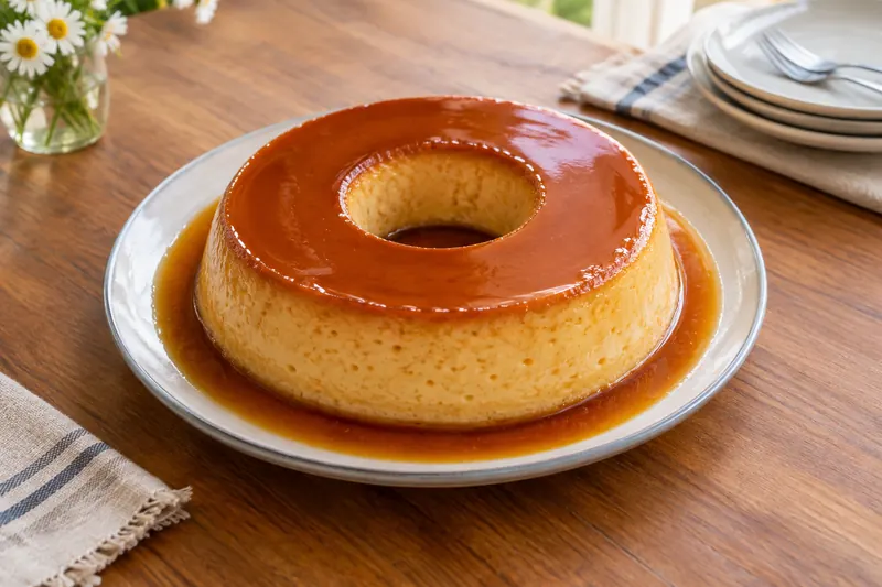 A turned-out ring-shaped caramel custard with glossy dark caramel running down its sides