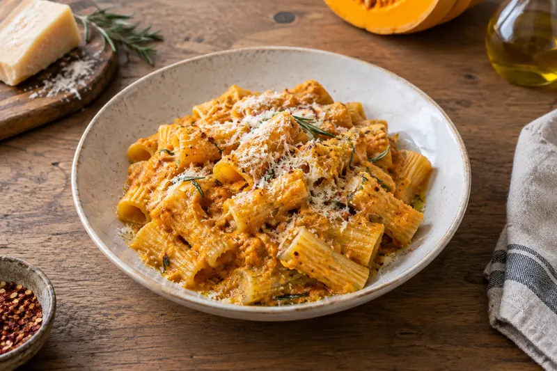 A wide bowl of rigatoni in a thick, rough orange pumpkin sauce, topped with grated Parmesan and a thread of olive oil.