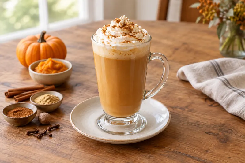 A tall glass mug of pumpkin spice latte topped with whipped cream and a dusting of cinnamon.
