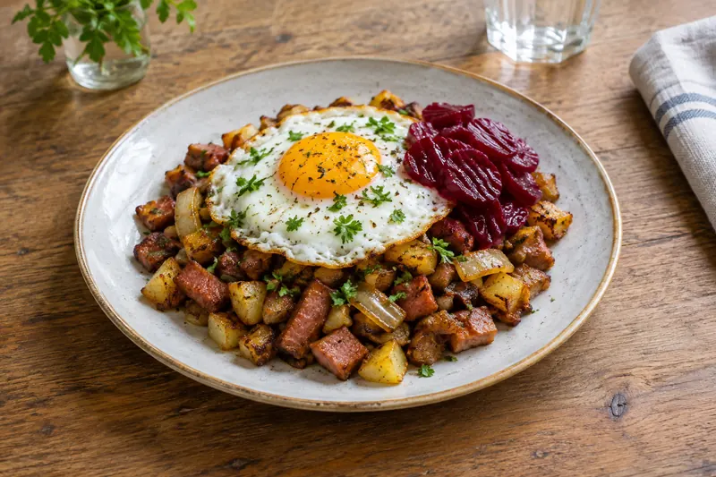 A pan of Swedish pyttipanna hash topped with a fried egg and pickled beetroot slices
