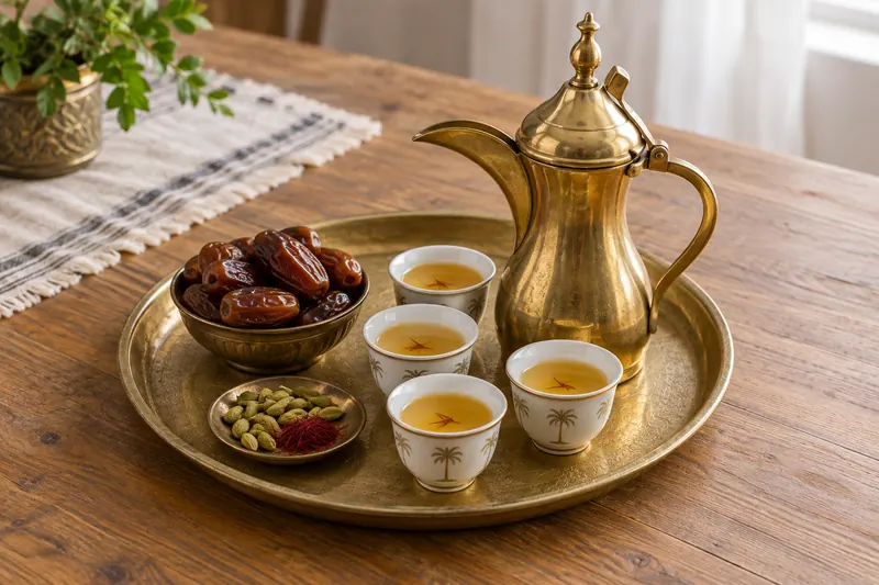 A brass dallah pouring pale golden coffee into small cups beside a plate of dates