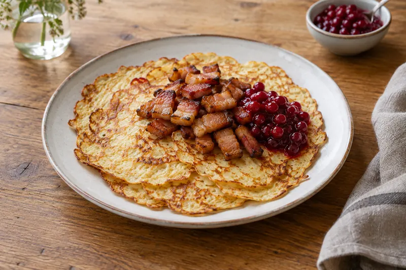 Swedish potato pancakes with crisp fried pork strips and a spoonful of red lingonberry jam