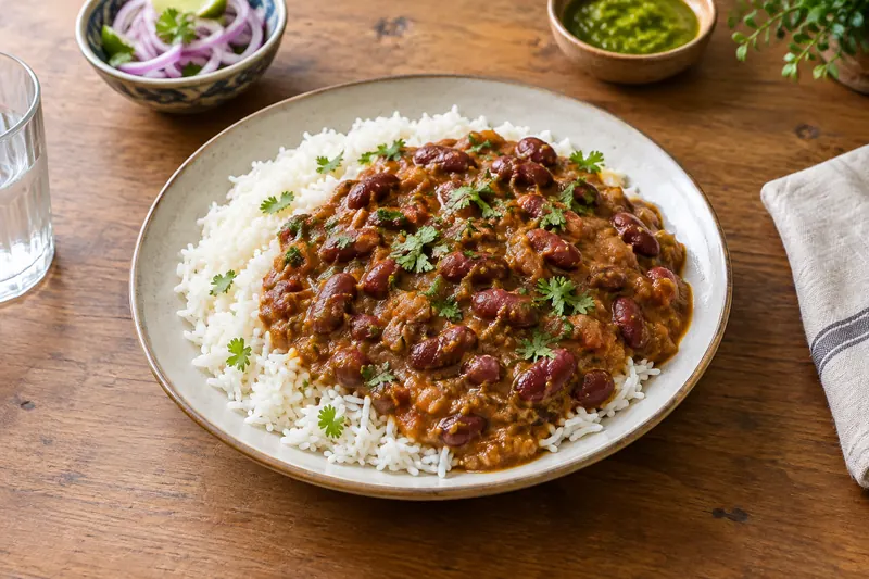 A bowl of red kidney beans in thick masala gravy beside fluffy white basmati rice