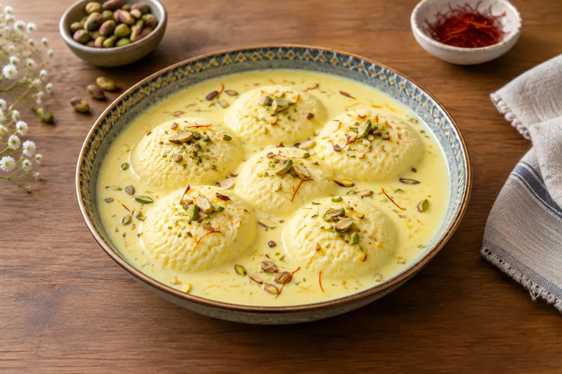 Flat white cheese dumplings in a shallow bowl of pale yellow saffron milk with pistachios