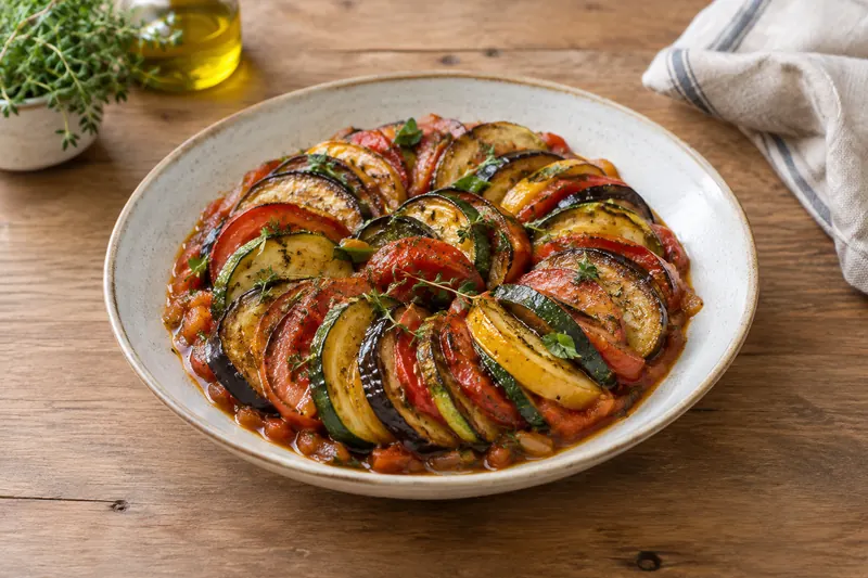 A dish of ratatouille with distinct pieces of aubergine, courgette, pepper and tomato, basil on top