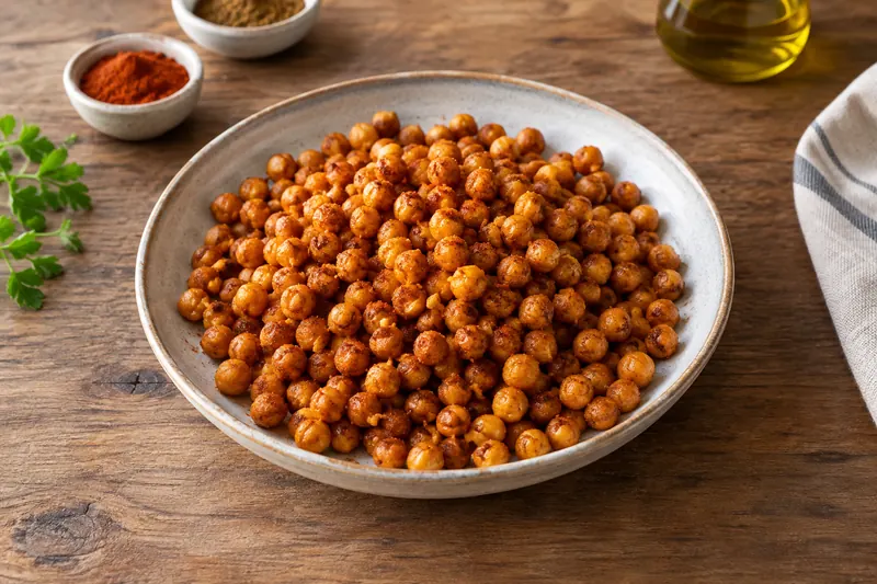 A bowl of crunchy golden roasted chickpeas dusted with red smoked paprika