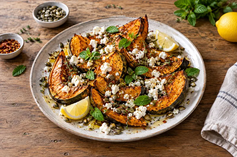 Caramelised pumpkin wedges on a platter, scattered with crumbled feta, toasted pumpkin seeds, mint leaves and lemon zest and glossy with honey.