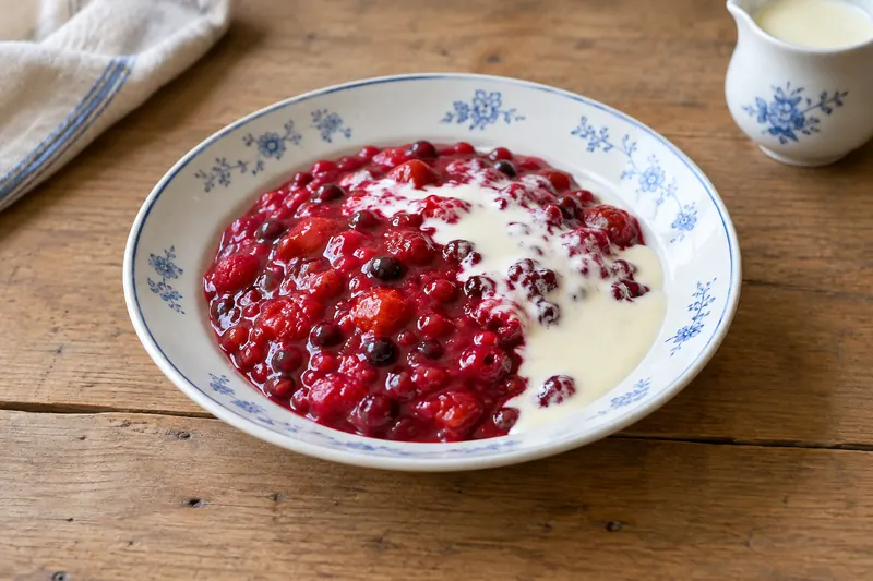 A bowl of glossy red berry pudding with cream poured over the top