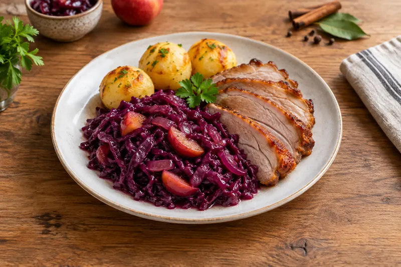 Glossy braised red cabbage with apple wedges on a plate beside sliced roast meat and potato dumplings