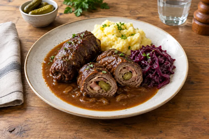 Two sliced beef rolls showing spirals of bacon and gherkin inside, in a dark gravy