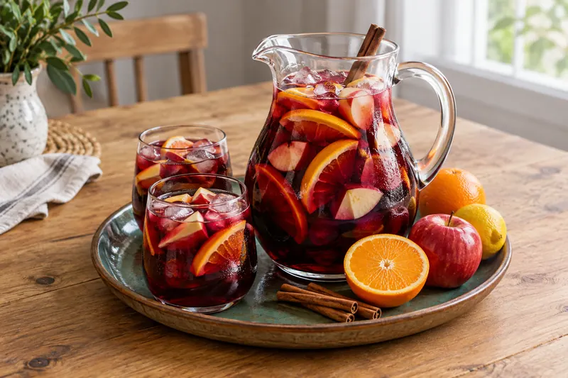A large jug of dark red sangría with orange, lemon and apple slices and ice