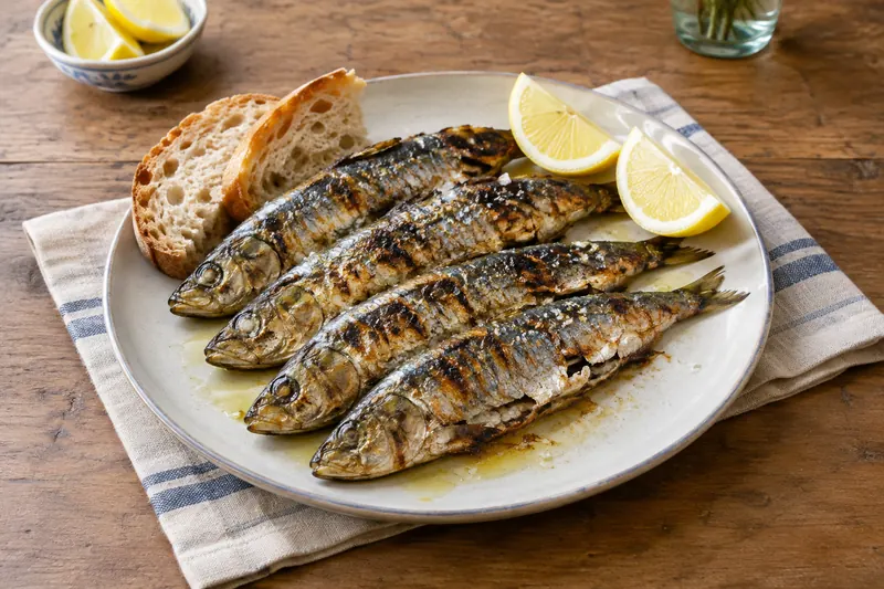 Charred whole grilled sardines on a plate with lemon halves and slices of bread