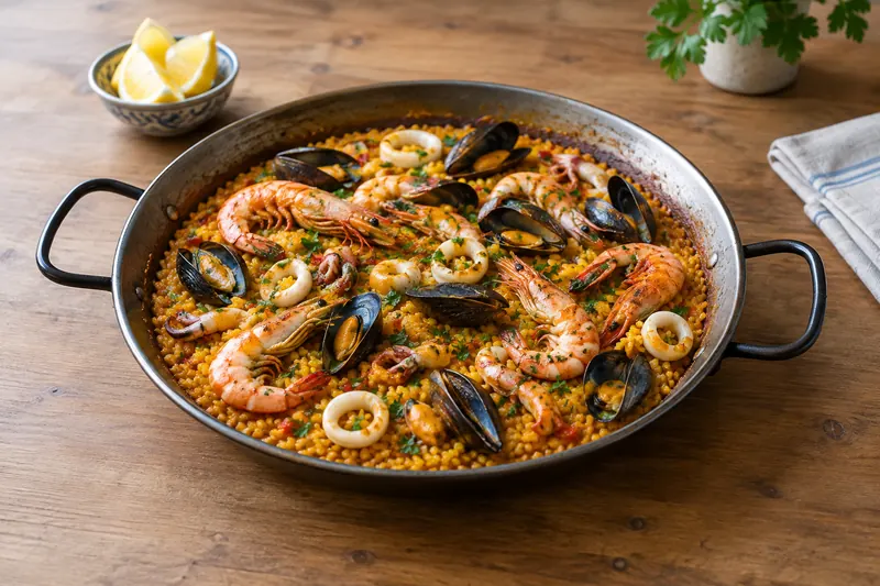 A wide paella pan of saffron rice topped with prawns, mussels and squid rings, with lemon wedges
